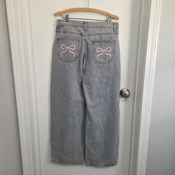 Edikted Bow Pocket Wide Leg Relaxed Jean Sz Med Light Wash Baggy Coquette - Picture 2 of 15